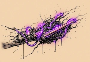 A  vivid design featuring copper tubes and violet plasma lines integrated into the skin’s anatomy. tattoo idea