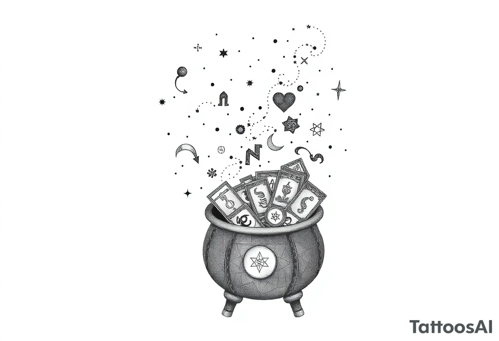 Milky way galaxy filled with zodiac symbols runes tarot cards coming out of a cauldron tattoo idea