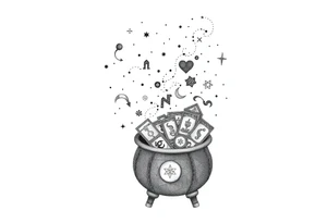 Milky way galaxy filled with zodiac symbols runes tarot cards coming out of a cauldron tattoo idea