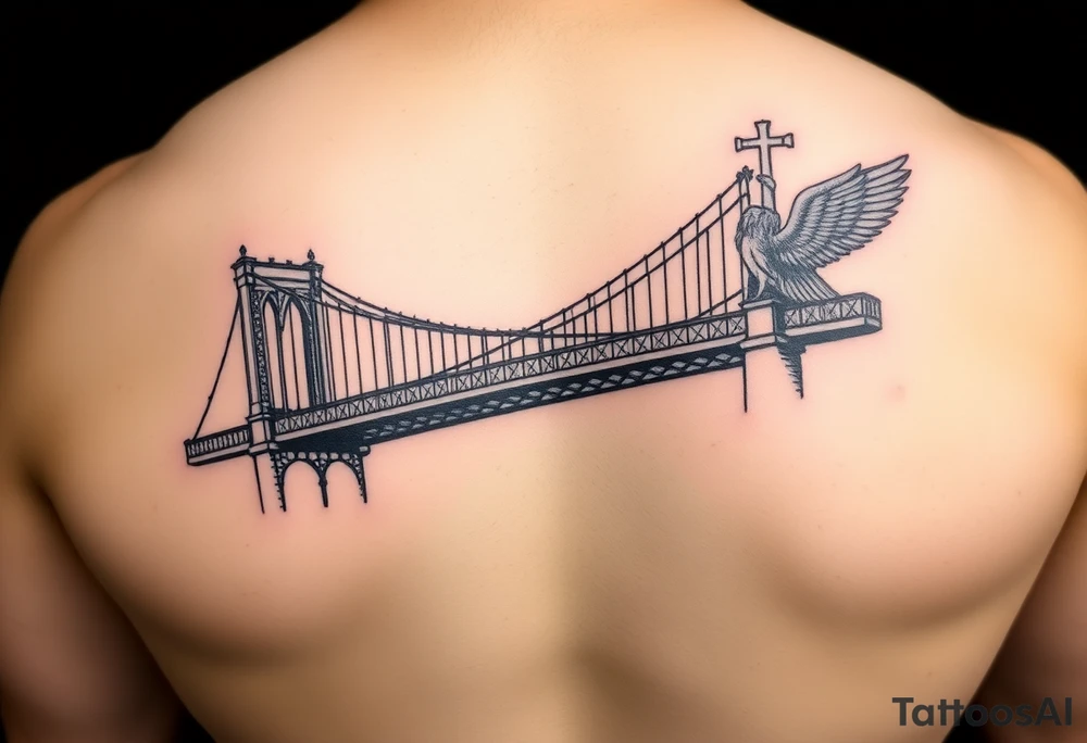 Brooklyn Bridge with full Saint Michael sleeve tattoo idea
