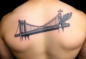 Brooklyn Bridge with full Saint Michael sleeve tattoo idea