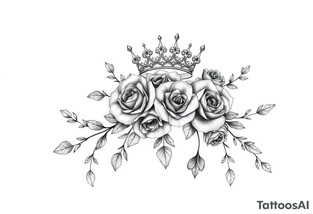 detailed beautiful gothic boho flowers and roses on vine with gorgeous crown ornamental tattoo idea