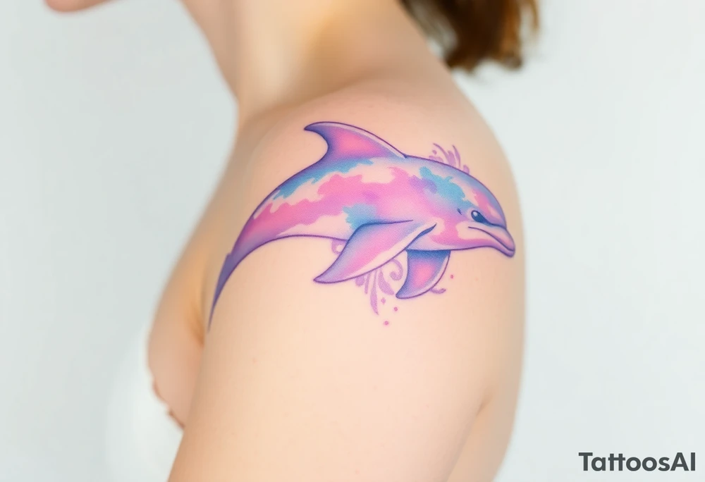A soft watercolor dolphin in pastel shades of purple and sky-blue, evoking a dreamy, ethereal effect tattoo idea