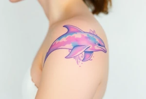 A soft watercolor dolphin in pastel shades of purple and sky-blue, evoking a dreamy, ethereal effect tattoo idea