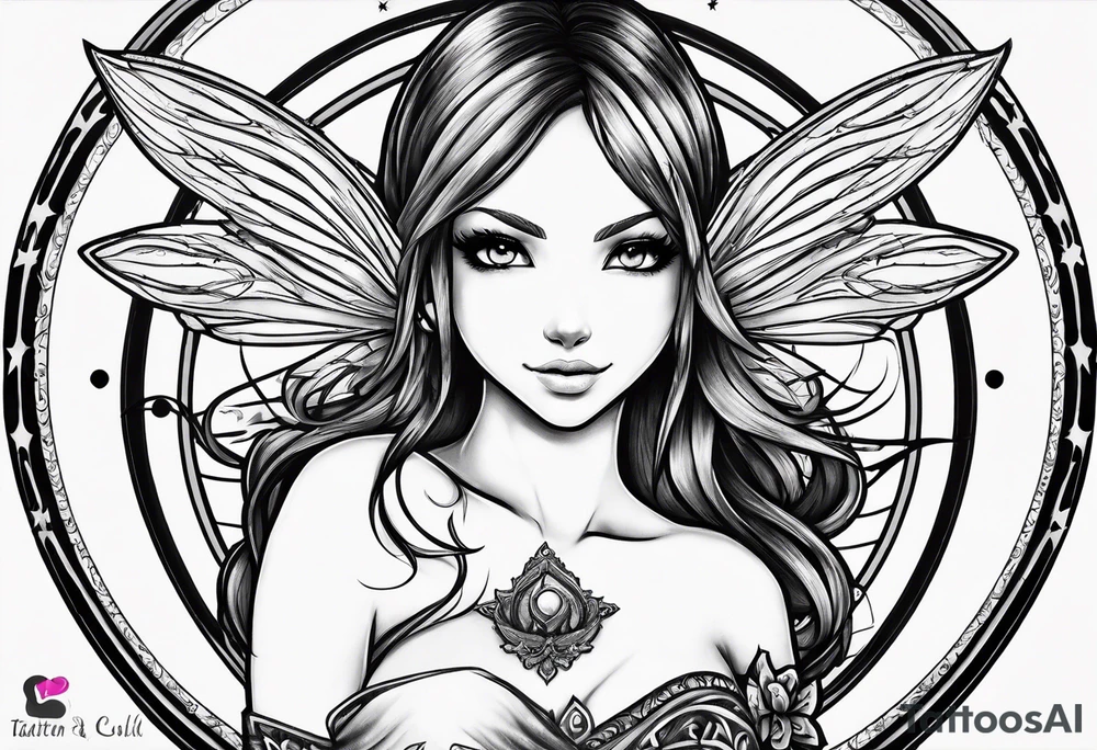 A fairy with a tail inspired by the logo of the show called Fairy Tail in a fetal position leaning in tattoo idea