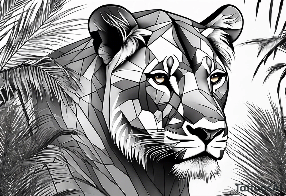 lioness and cub sun palm tree tattoo idea