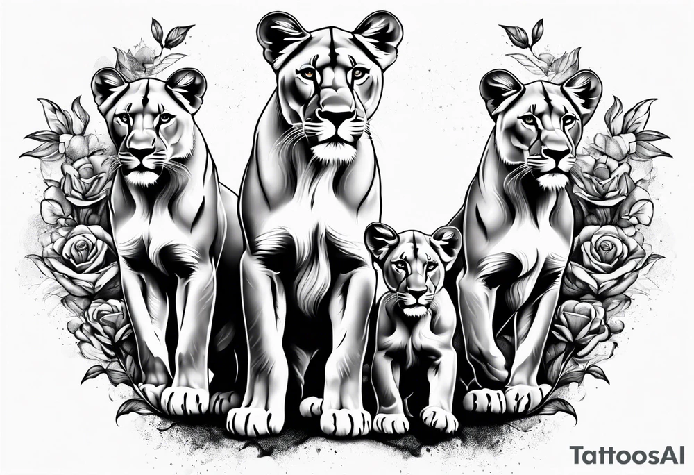 Lioness on her hind legs
protecting her two cubs tattoo idea