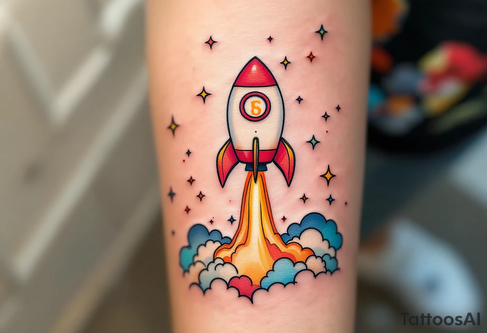 A playful rocket ship blasting off in vibrant reds and oranges, trailing stars that form the son’s initials in the sky. tattoo idea