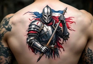 A knight in medieval armor holding a Czech flag (blue, white, red), inspired by Hussite warriors, with battle-worn silver and red tones. tattoo idea