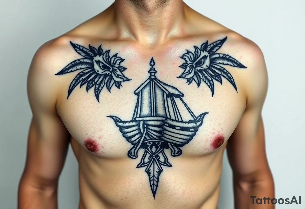 Polynesian tribal noah’s ark tattoo chest piece tattoo idea