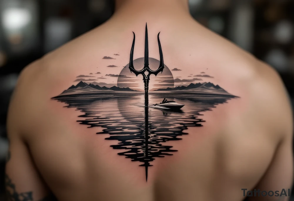 trident half way under calm water with skiboat and sunset tattoo idea