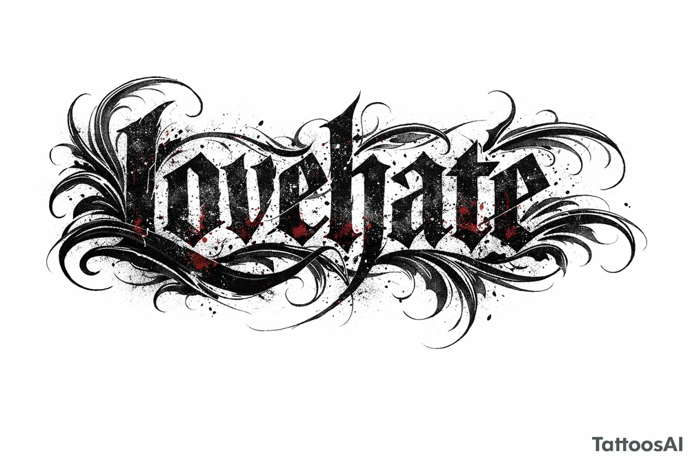 A single word 'lovehate' rendered in a distressed, textured font with hints of crimson and charcoal. tattoo idea