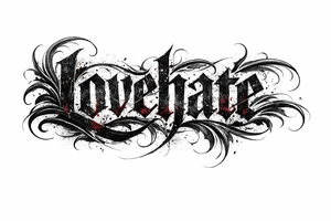 A single word 'lovehate' rendered in a distressed, textured font with hints of crimson and charcoal. tattoo idea