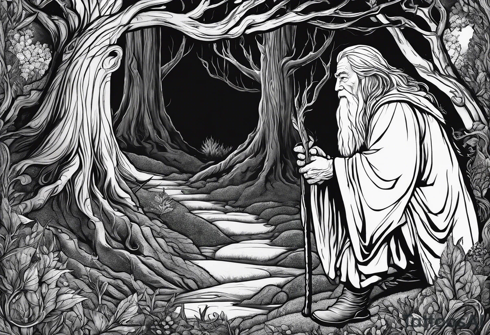 gandalf looking at a hobbits giant feet. The hobbit's feet are made out of asparagus tattoo idea