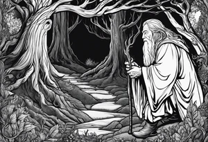 gandalf looking at a hobbits giant feet. The hobbit's feet are made out of asparagus tattoo idea
