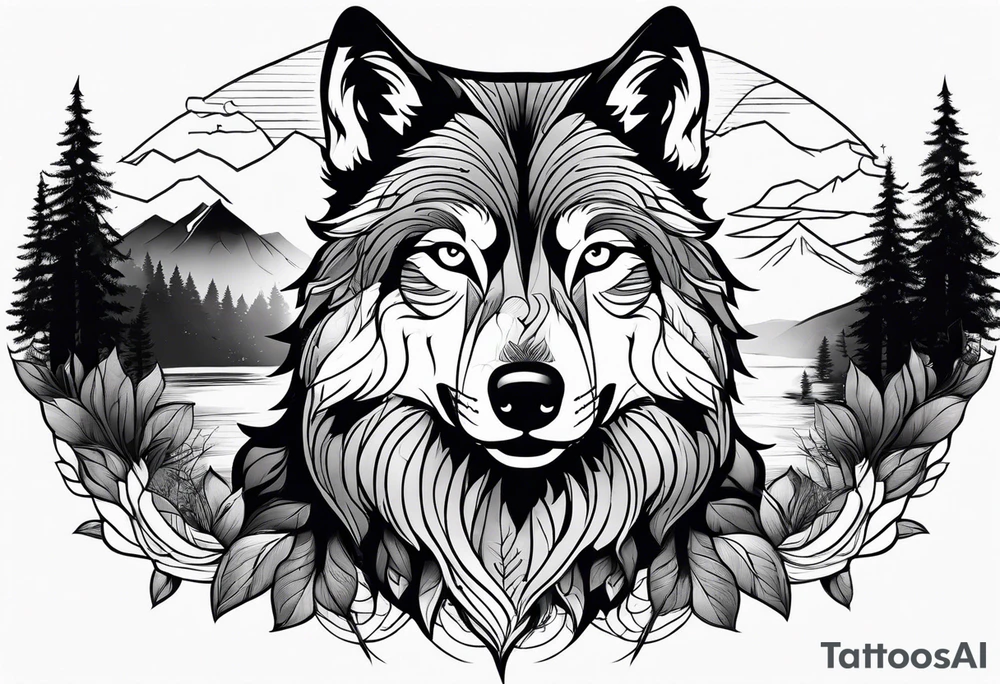 Wolf face with waterfall and nature in the background tattoo idea