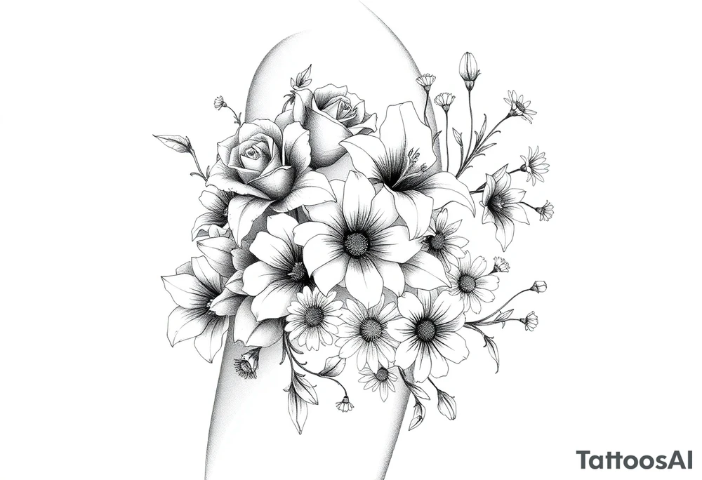Arm and shoulder tattoo including roses, Lilly’s, daisys and small flowers tattoo idea