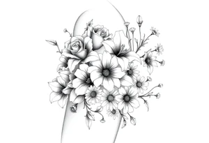 Arm and shoulder tattoo including roses, Lilly’s, daisys and small flowers tattoo idea