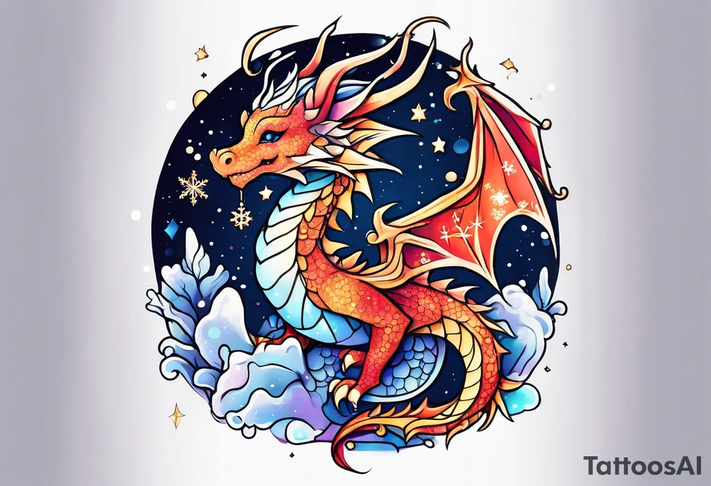 Constellation, kawaii dragon, snowflake tattoo idea