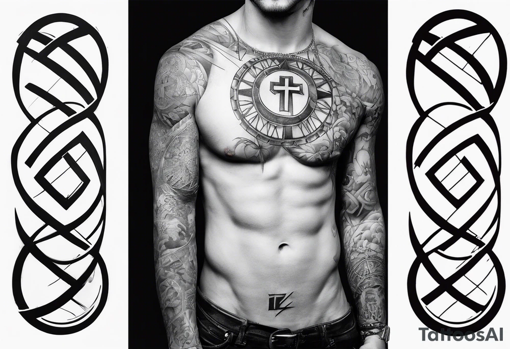 Crucified man in rom
an numerals circle in arm tattoo idea