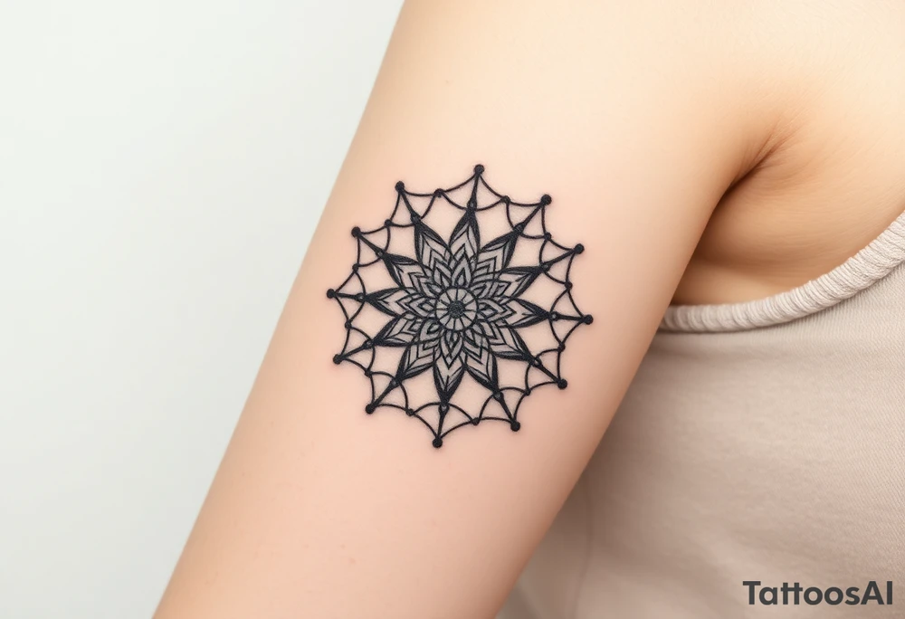 simple, minimalist tattoo, sacred geometry mandala, centerpiece design, dotwork patterns, radiating geometry, symmetrical mandala, geometric shapes, intricate dotwork, sacred patterns, mandala center, geometric radiating, fine line work, black grey shading, minimalist design, no outlines, arm placement, delicate linework, precise geometry, clean symmetry, sacred symbols, geometric precision, dotwork details, mandala focal point, refined patterns, understated complexity, geometric harmony, minimalist tattoo idea