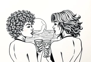 Two females One of the females has Curly puffy hair The other girl has wavy hair in front of a sunset on the beach, smoking a blunt with margarita glasses next to them tattoo idea