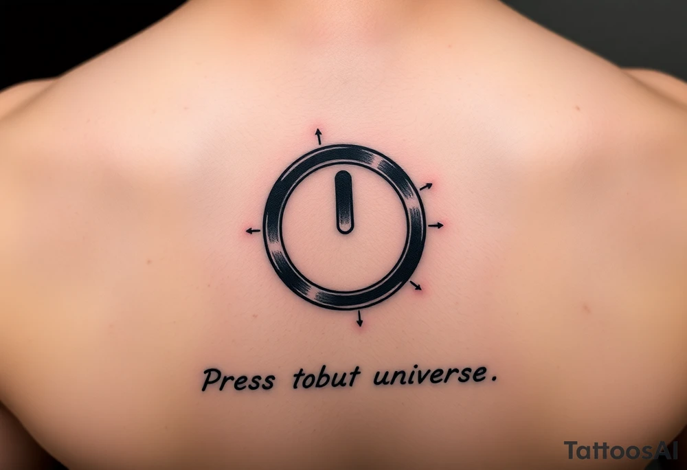 "Hyperrealistic tattoo of a PC power button (1:1 size).  
text: 'Press to reboot universe'.  
Style: Fake 3D, like actual button on skin. Black/red." tattoo idea