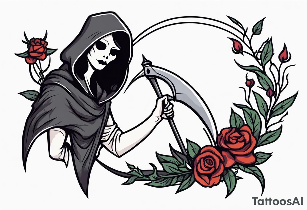 cute feminine grim reaper with scythe and nightshade tattoo idea