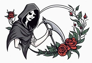 cute feminine grim reaper with scythe and nightshade tattoo idea