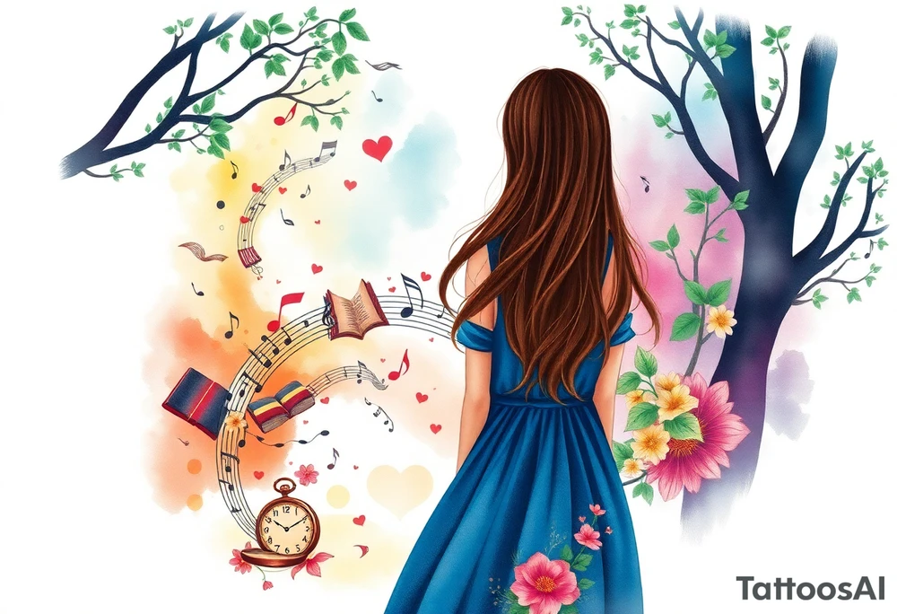 Surreal Back view of the silhouette of a brown hair girl in a blue dress inside a forest. She is following a colorful swirl of music notes, books, and flowers. A pocket watch is at the end of the swirl. tattoo idea