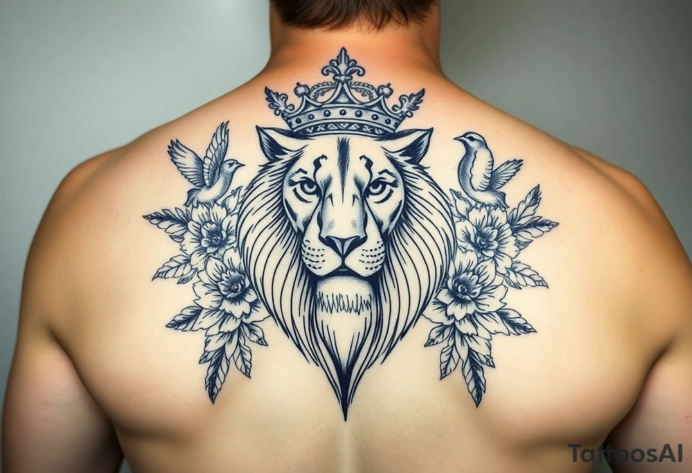 powerful majestic lion with a crown, surrounded by floral ornaments and birds tattoo idea