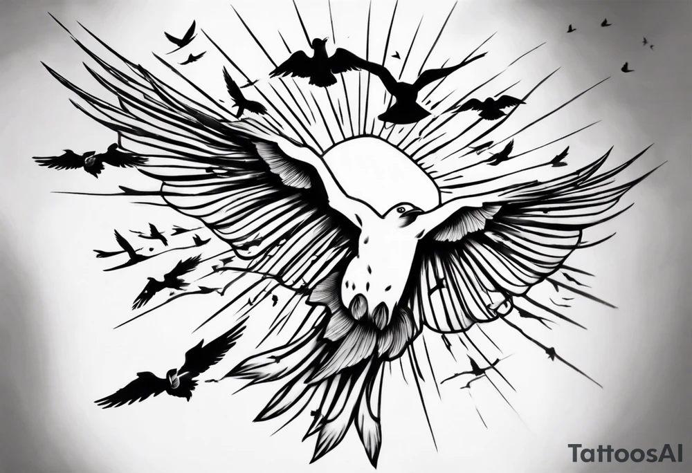 a shoulder tattoo with rays of light, clouds and birds flying free tattoo idea