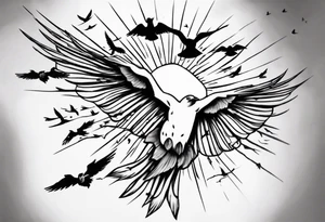 a shoulder tattoo with rays of light, clouds and birds flying free tattoo idea