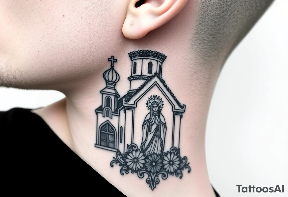 medium traditional russian orthodox church with a russian coat arms and virgin mary tattoo idea