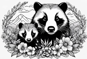 A badger with a cub in a field of flowers, realistic in center and getting more trippy towards the edges, open fireplace and a cannabis leaf included tattoo idea