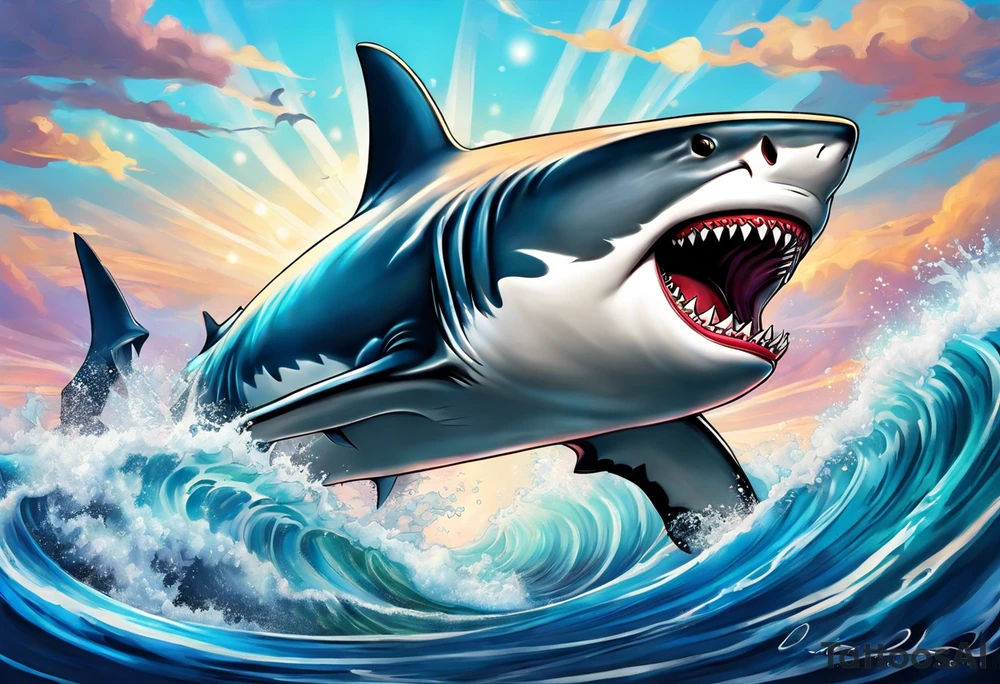 Shark on water spashing frame tattoo idea