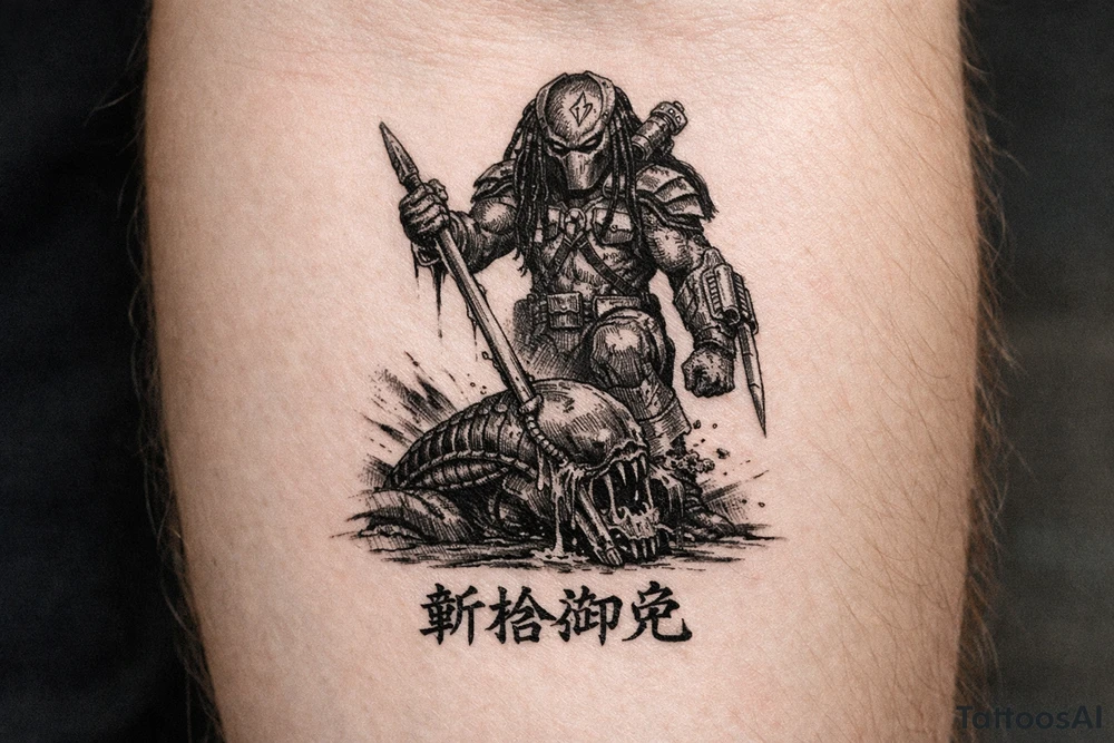 predator killing alien, alien is crawling from the ground. Predator stands up tall, driving his spear with his right hand through the xenomorphs big head with acid coming down, the spear nails the head to the ground. The predator's left shoulder has its laser gun pointed down. the Left forerarm has its famous doubled blade out. Predator's helment has its clan sign (the sign of an experience predator) marked in his helmet as an insignia. Below the image the japanese inscription for kirisute gomen tattoo idea