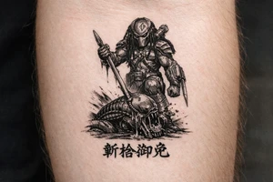 predator killing alien, alien is crawling from the ground. Predator stands up tall, driving his spear with his right hand through the xenomorphs big head with acid coming down, the spear nails the head to the ground. The predator's left shoulder has its laser gun pointed down. the Left forerarm has its famous doubled blade out. Predator's helment has its clan sign (the sign of an experience predator) marked in his helmet as an insignia. Below the image the japanese inscription for kirisute gomen tattoo idea