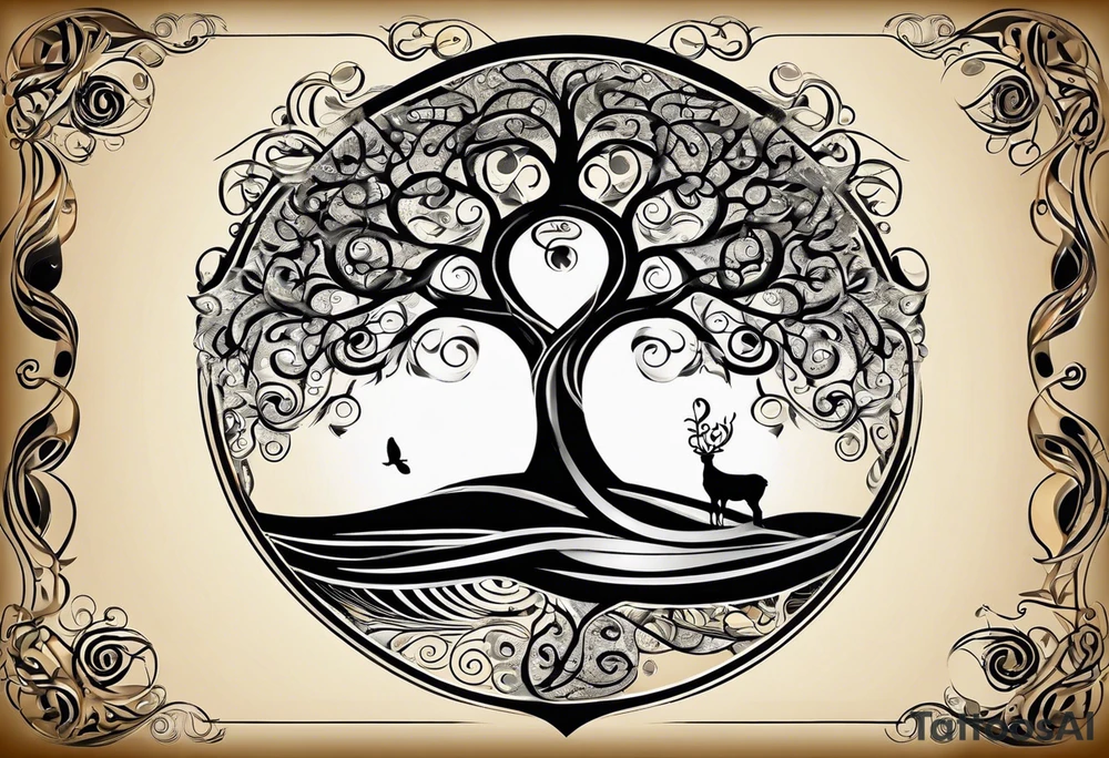 A tattoo design that incorporates the following elements: an abstract tree of life that has roots emerging  from the ground. Waves of water wrap around the tree in a non symmetrical design.  Incorporate musical notes into the tree. the letters U and A are overlapping and engraved into the tree. A golf flag incorporated but not prominent tattoo idea