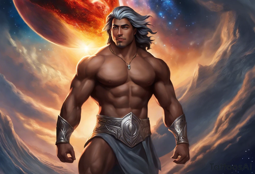 Jehovah looking out at the marvels of his creation from the atoms to the galaxy and celestial beings. With grey wash and a fantasy theme. Jehovah has to be a character who is so majestic, charismatic, immensely powerful. There isnt a single thing he isnt capable of doing. Infinitely powerful forward facing. Without the pagan styled attire and without the pagan symbols etceterashirtless, large muscular athletic physique, deep muscle definition tattoo idea