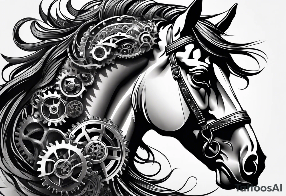 A horse head made out of gears tattoo idea