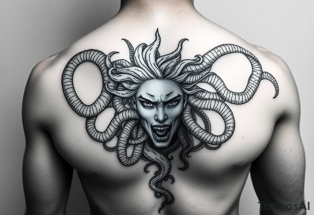 Beautiful but dark Medusa chest peice with her snake hair reaching my arms and shoulder. Black and white, realistic tattoo idea