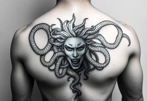 Beautiful but dark Medusa chest peice with her snake hair reaching my arms and shoulder. Black and white, realistic tattoo idea