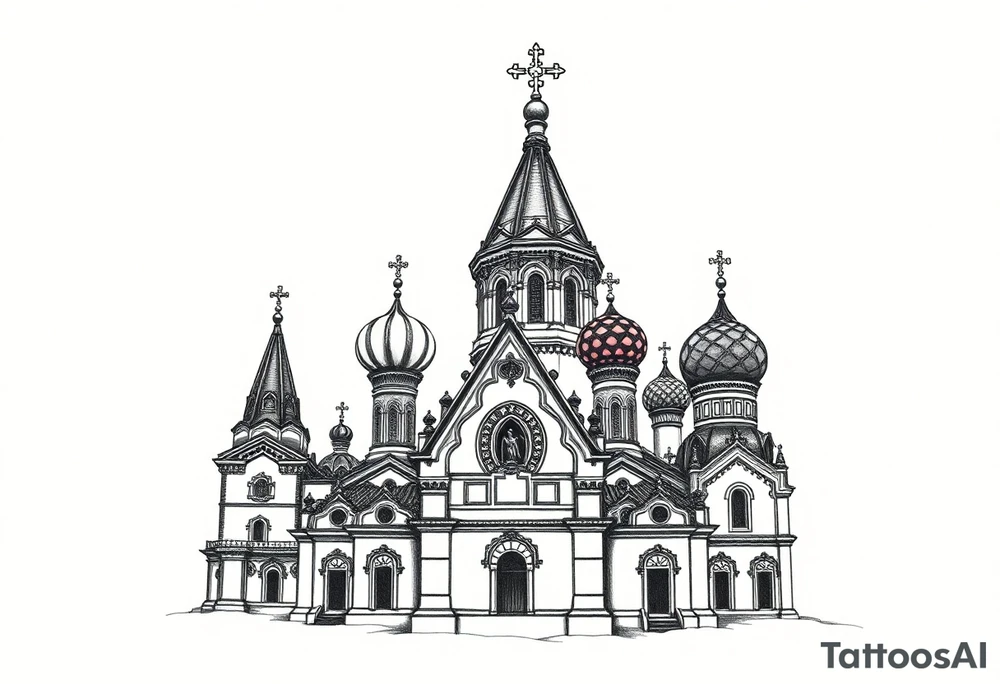 highly detailed Russian Orthodox cathedral with onion domes and orthodox crosses, done in fine line, engraving-like style. Cohesive composition, black ink only, no color, high contrast, slightly aged, documentary-style, plain light background. with clouds above it and a virgin mary over looking tattoo idea