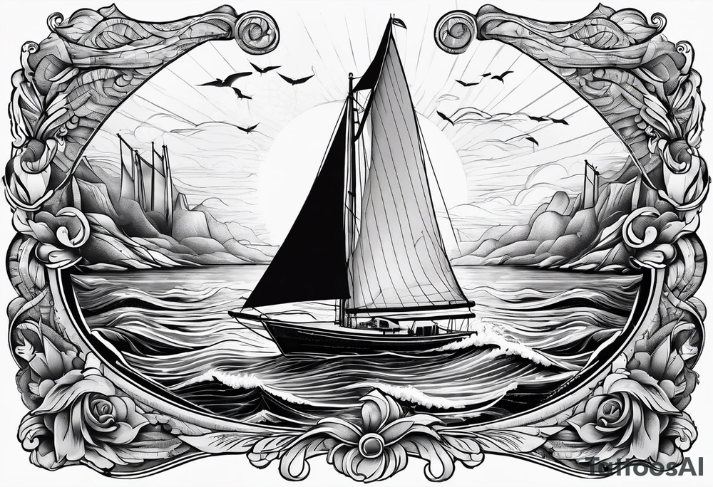 sailboat seen from the front. sail in the shape of a maritime lighthouse.phoenix drawn on the sail. tattoo idea