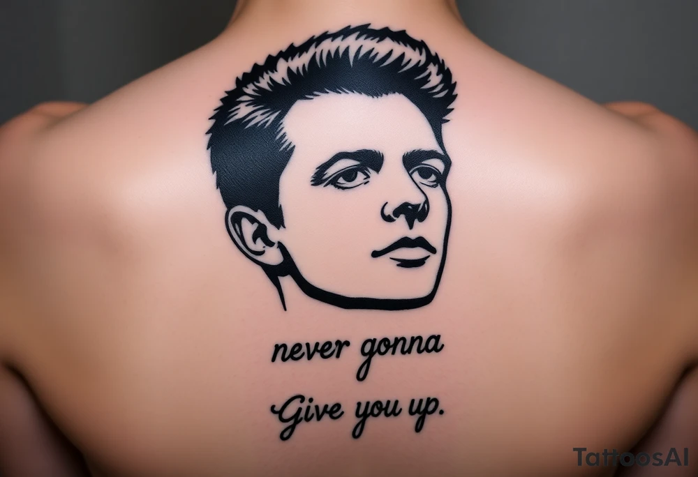 Rick Astley's Face outline with text Never Gonna Give You Up tattoo idea