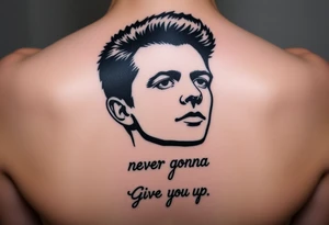 Rick Astley's Face outline with text Never Gonna Give You Up tattoo idea