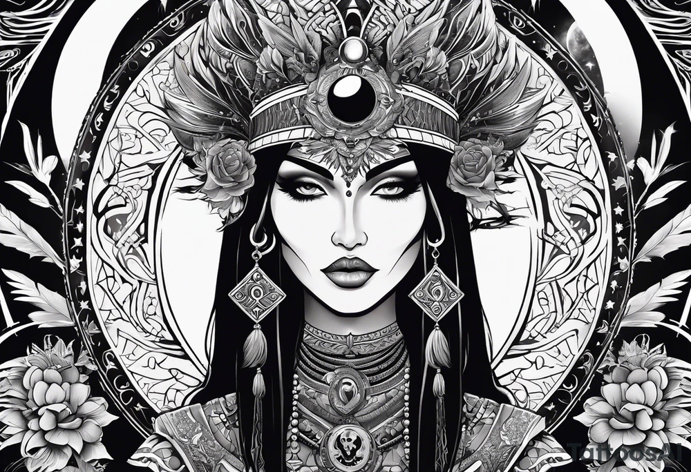 black kali, goddess pirate, alien, pachamama, valkrye, warrior, skull, lotus azul, wing, eagle, zenza resonance, stars, 5D tattoo idea