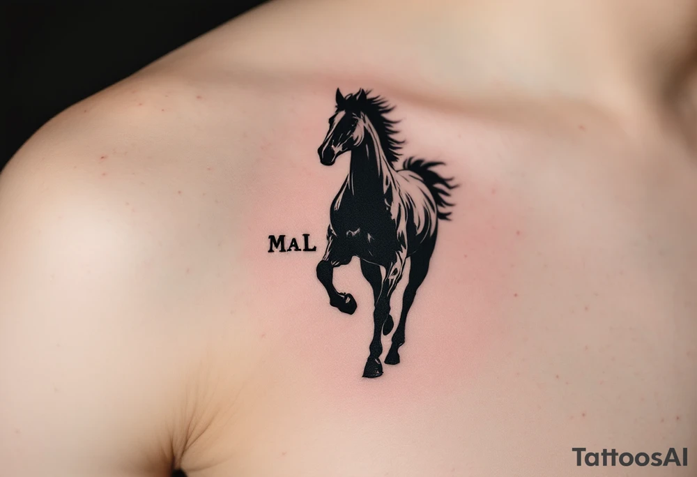 horse silhouette 
from the front which gallops from the front, with the 3 small letters discreetly integrated: M, A, L tattoo idea