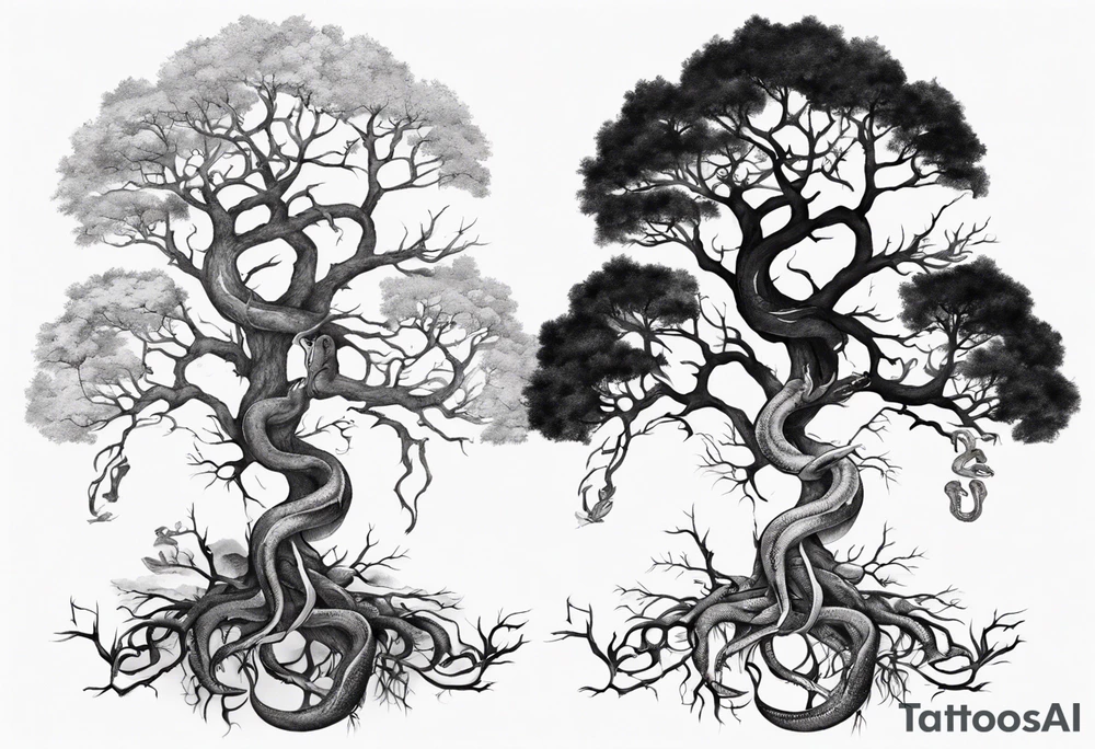 bare tree with a snake in the roots of the tree tattoo idea bare tree with a snake in the roots of the tree tattoo idea